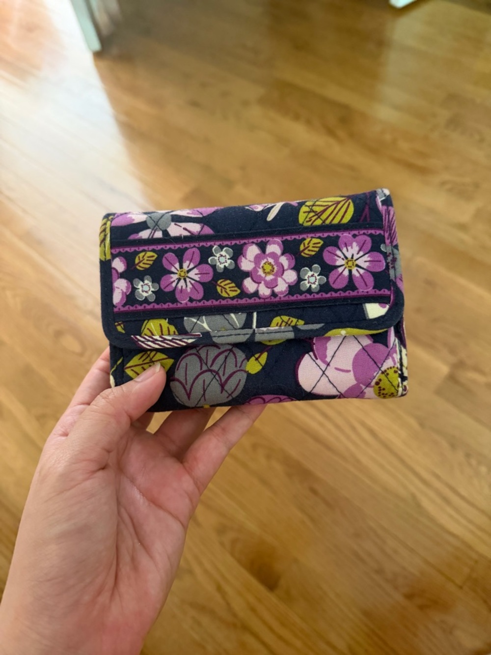 Vera Bradley Navy Floral Quilted Wallet with Pink and Yellow Accents
